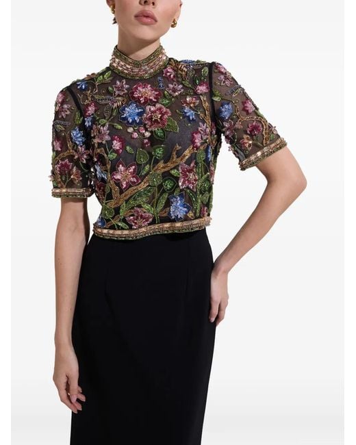 Dina Melwani Black Embroidered High-Neck Maxi Dress