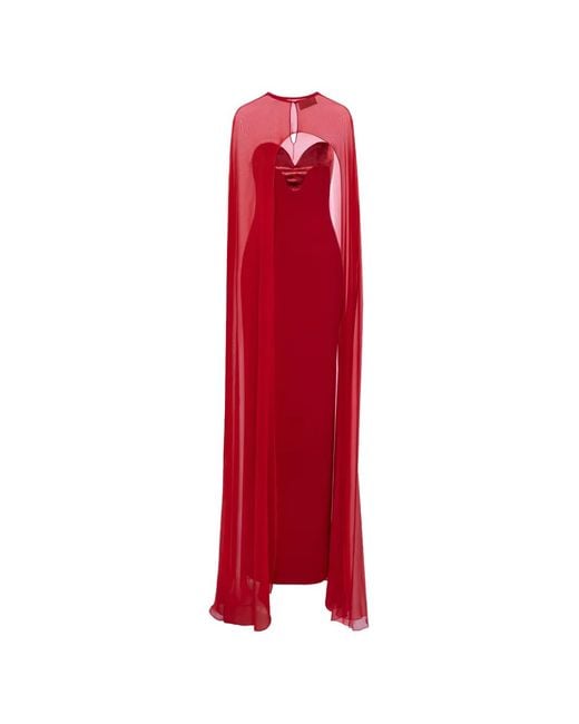 V:PM ATELIER Red Sindel Velvet-Panel Cape Maxi Dress