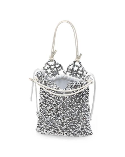 Staud White Karla Beaded-Mesh Drawstring Tote Bag