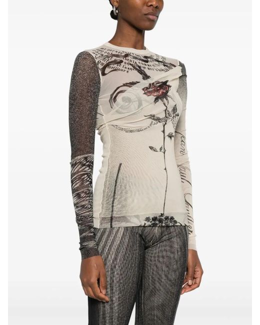 Jean Paul Gaultier White Mesh Top Double Layer Printed "Tattoo Rose & Bird"