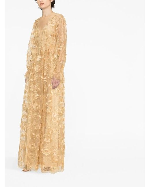 Alberta Ferretti Natural Floral-Embroidered Ruffled Maxi Dress