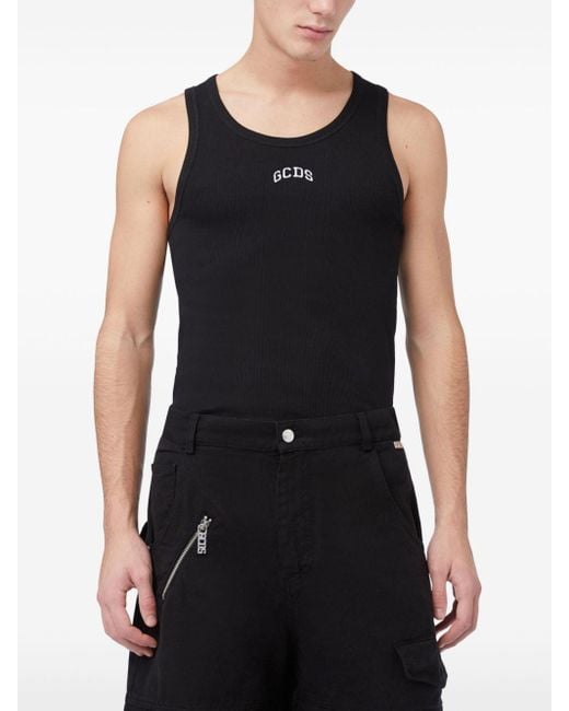 Gcds Black Logo-embroidered Fine-ribbed Tank Top