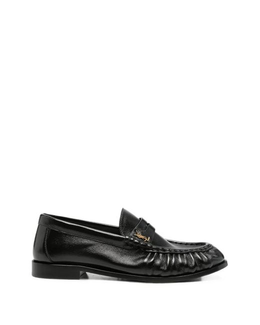 Saint Laurent Black Mocassins En Cuir À Fronces Ysl