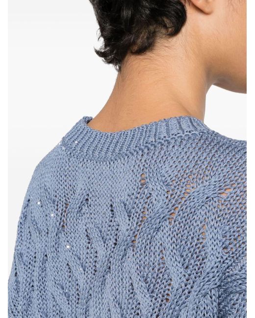 Peserico Blue Sequin-embellished Cable-knit Jumper