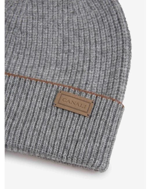 Canali Gray Ribbed-Knit Logo-Patch Beanie Hat for men