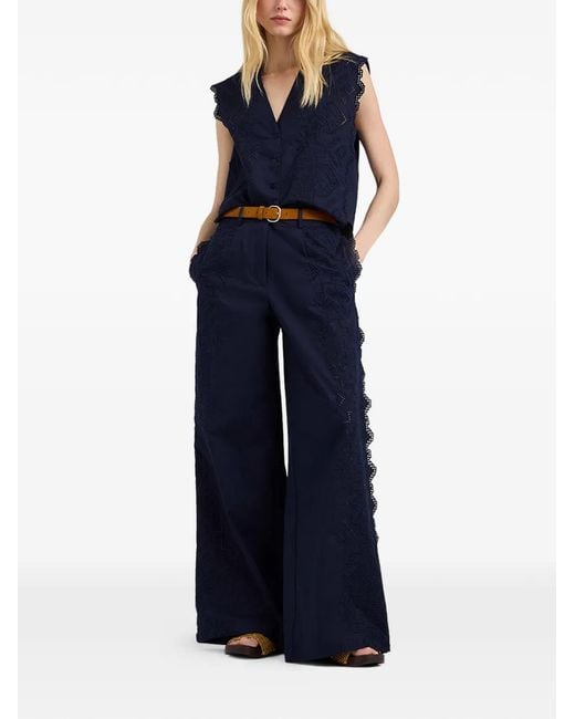 Momoní Blue Pantalon Palazzo À Broderie Anglaise