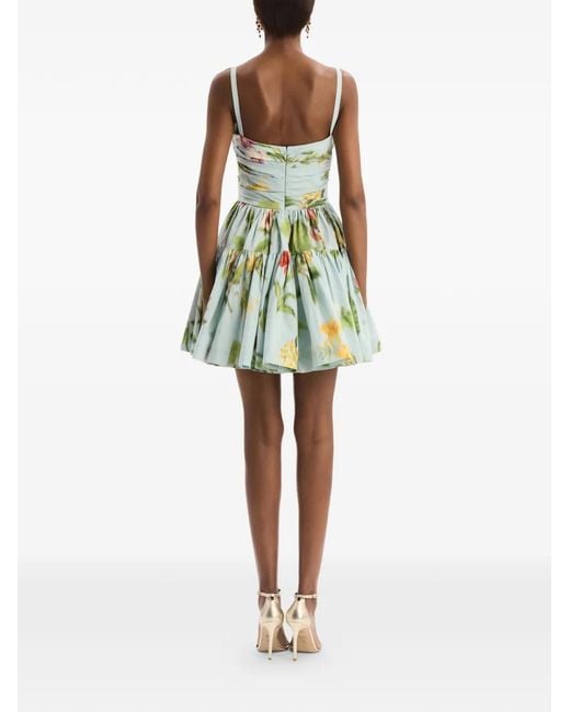 Oscar de la Renta Green Chiné Dominican Mixed-Floral Cotton Poplin Tiered Dress