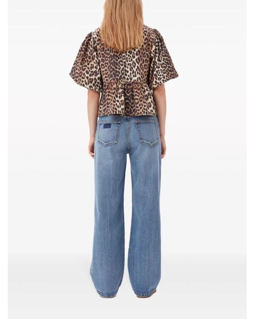 Ganni Brown Leopard-Print Organic-Cotton Blouse