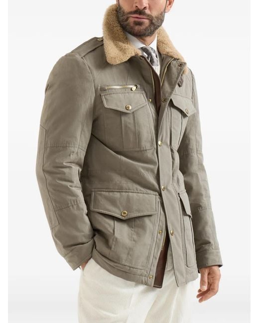 Brunello Cucinelli Gray Waxed Techno Cotton Safari Jacket With Thermore Padding, Nappa Leather Inserts And Shearling Collar for men
