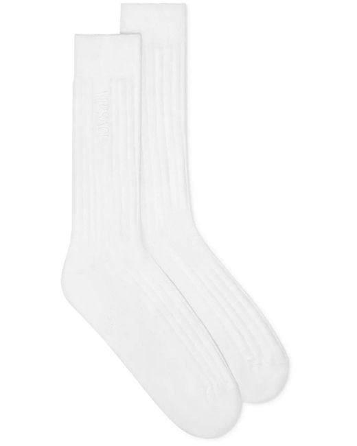 Versace White Embroidered-Logo Ribbed Socks for men