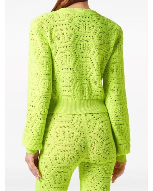 Philipp Plein Green Monogram-Intarsia Cropped Cardigan