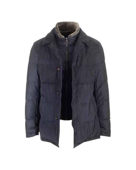 Al Duca D'aosta Blue Shearling-Collar Suede-Panel Padded Jacket for men