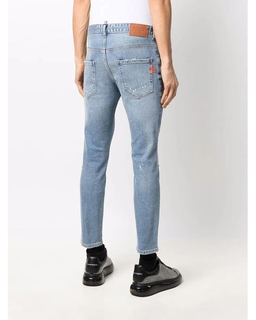 Philipp Plein Blue Embroidered-Logo Slim-Fit Jeans for men