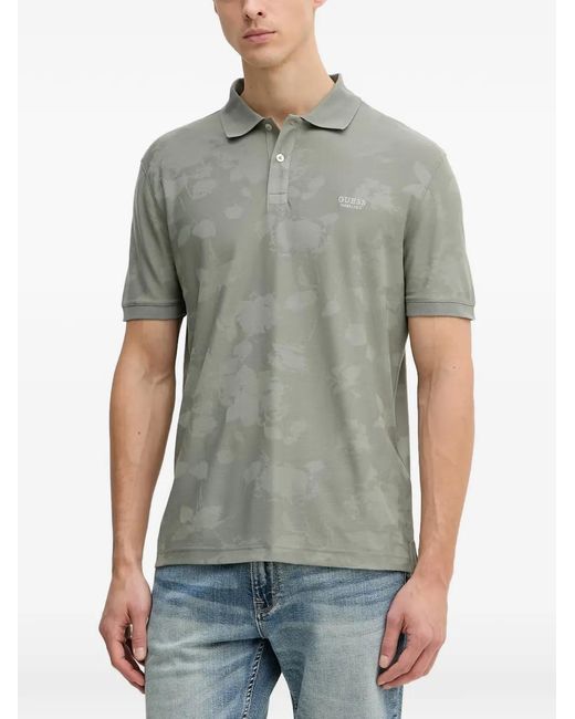 Guess Gray Floral-Print Polo Shirt for men