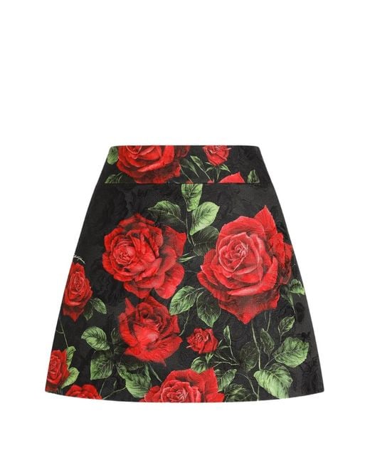 Dolce & Gabbana Red Rose-Print Brocade Skirt