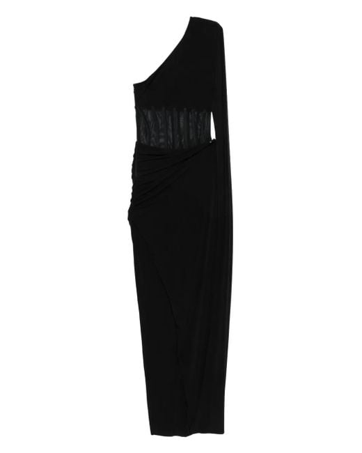 Nissa Black One-Shoulder Sheer-Insert Maxi Dress
