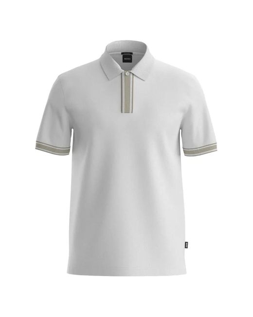 Boss Gray Zip-Up Striped-Trim Polo Shirt for men
