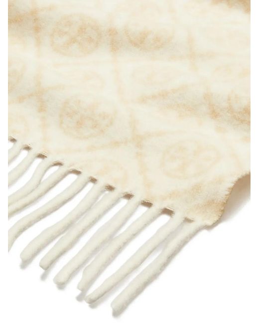 Tory Burch White Monogram-Pattern Fringed Scarf