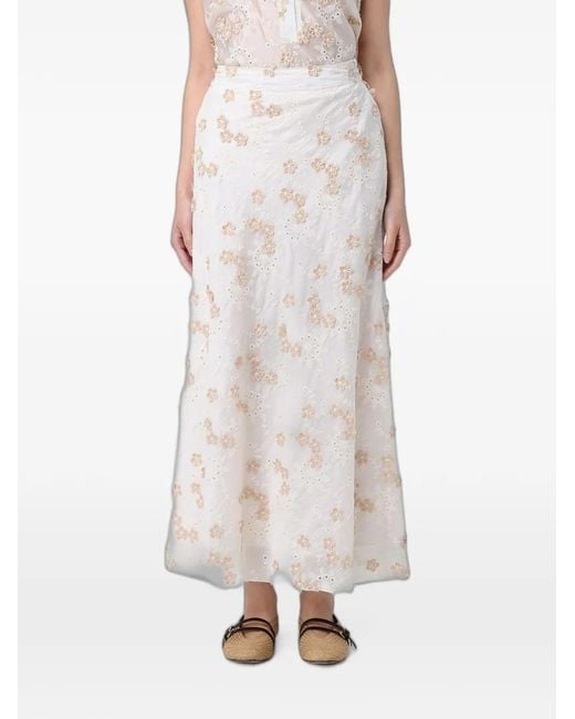 Hanita Natural Floral-Embroidered Flared Skirt
