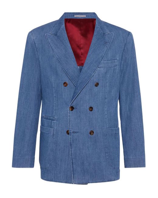 Brunello Cucinelli Blue Denim Double-Breasted Blazer for men