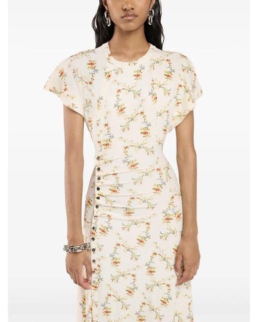 Rabanne Natural Floral-Print Ruched Midi Dress