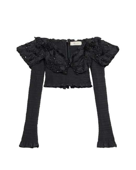 Blumarine Black Ruffled Embellished Blouse