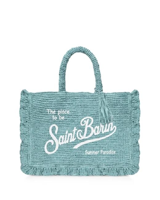 Mc2 Saint Barth Blue Volant Medium Raffia Bag With Embroidered Logo