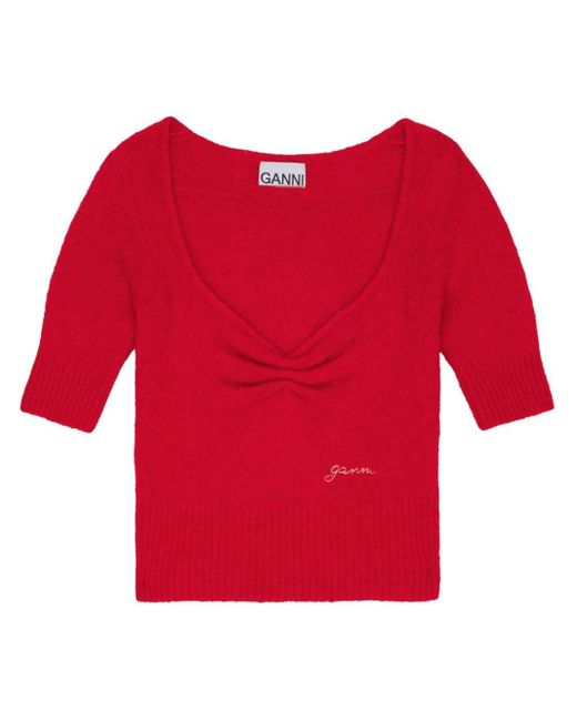 Ganni Red Ruched Wool Top
