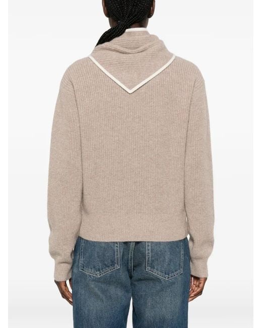 Sandro Natural Ribbed-Knit Scarf-Detail Wool Sweater