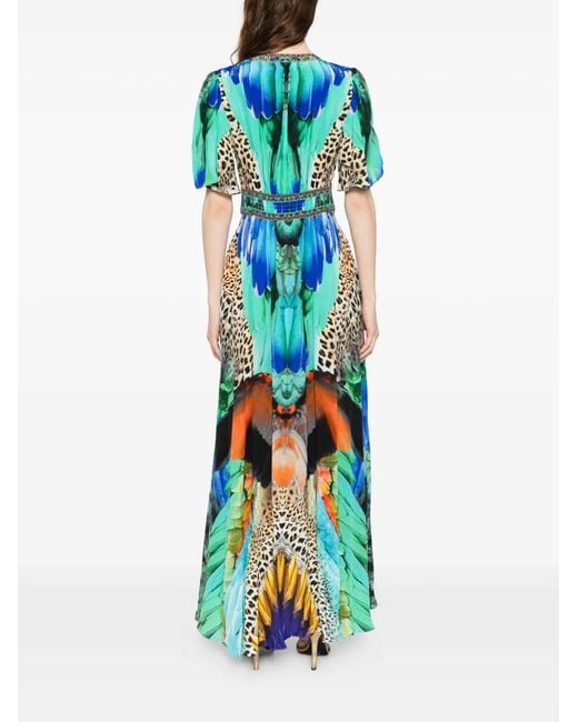 Camilla Blue Shaped Waistband Dress With Flutter Sleeves Jungle Flight