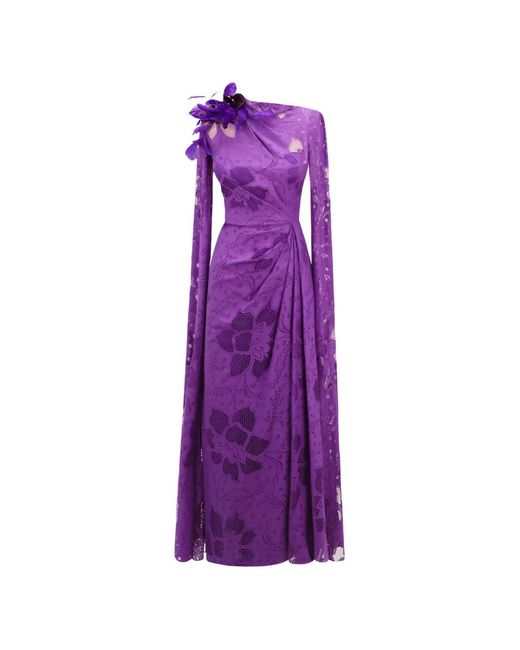 Gemy Maalouf Purple Flower-Lace Midi Dress