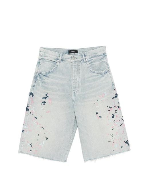 Purple Brand Blue Paint Splatter Frayed Shorts for men