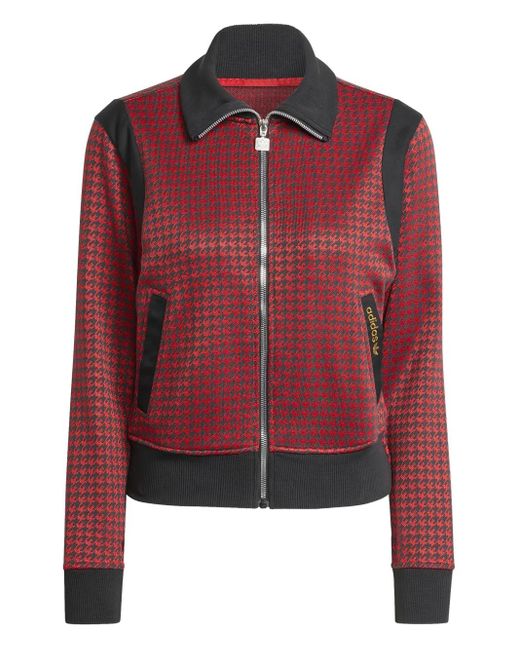 Adidas Red Houndstooth-Pattern Zip-Up Top