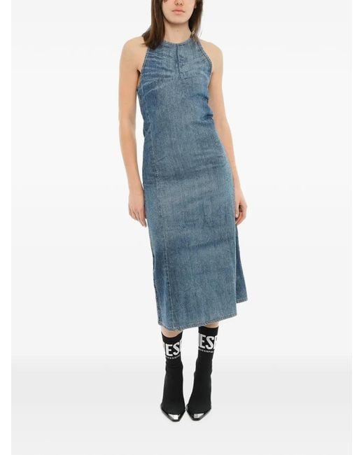 DIESEL Blue Rhinestone-Embellished Denim Midi Dress