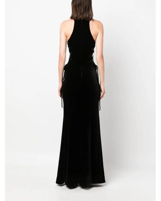Alessandra Rich Black Lace-Up Halterneck Velvet Gown