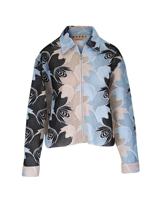 Marni Blue Veste Bomber À Fleurs Brodées