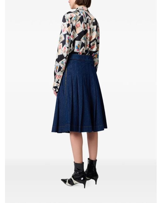 MSGM Blue Pleated Zip-Fastening Midi Skirt