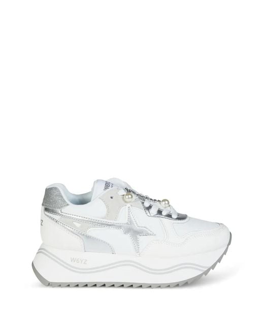 W6yz White Pearl-Embellished Star-Patch Sneakers