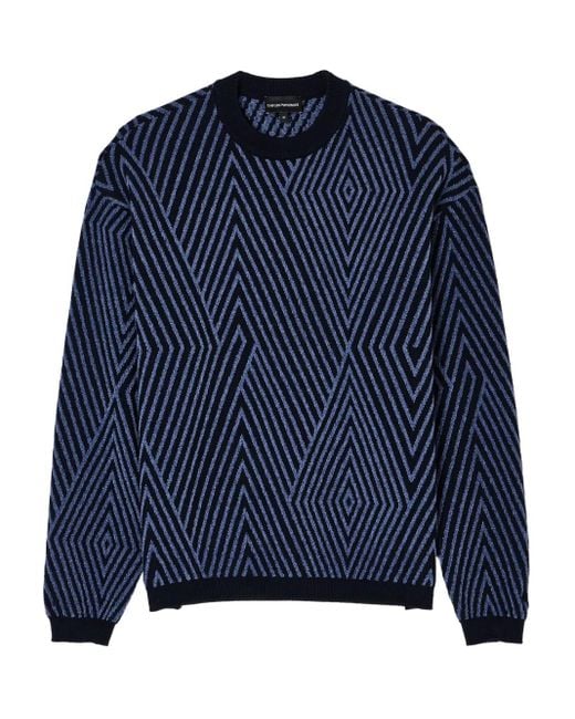 Emporio Armani Blue Geometric-Pattern Wool Sweater for men