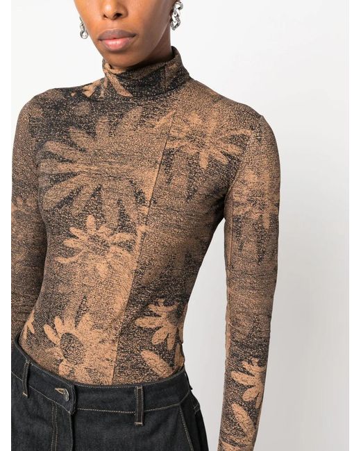 MM6 by Maison Margiela Brown Flower-Print High Neck Bodysuit