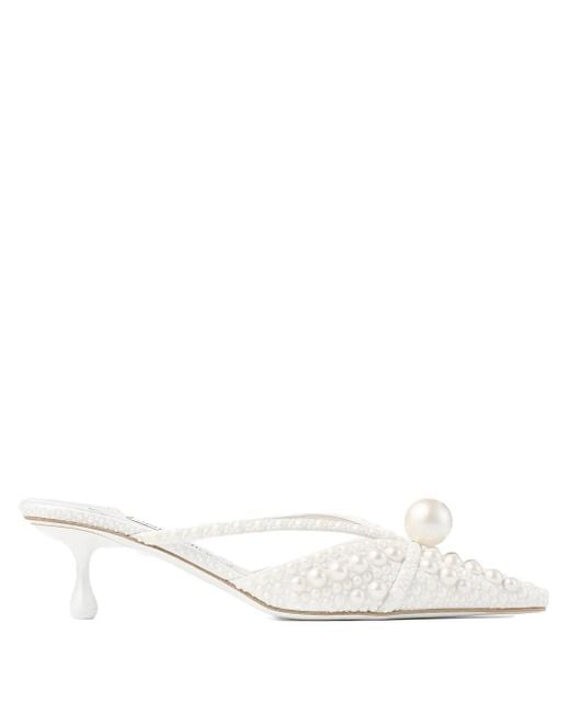 Jimmy Choo White Spitze Sana Mules mit Perlenverzierung 50mm