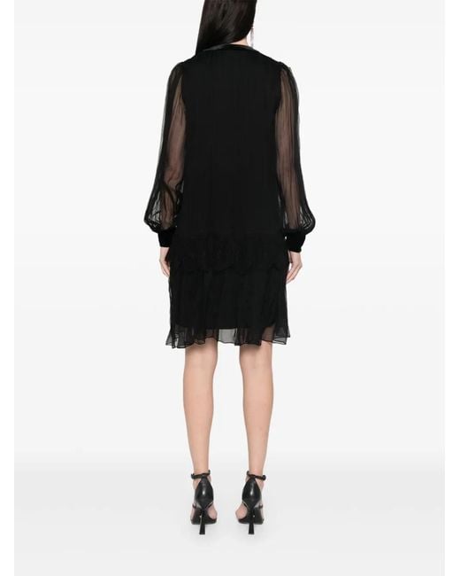 Nissa Black Lace-Panelling Silk Mini Dress