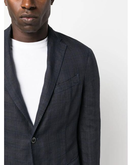 Boglioli Blue Single-Breasted Check-Pattern Linen Suit for men
