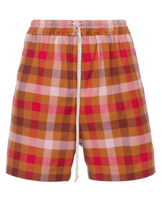Rick Owens Red Multicolour Checke Cotton Shorts for men