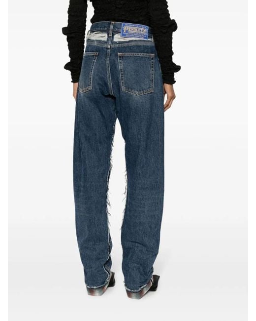 Maison Margiela Blue Logo-Patch Ripped-Detailing Wide-Leg Jeans