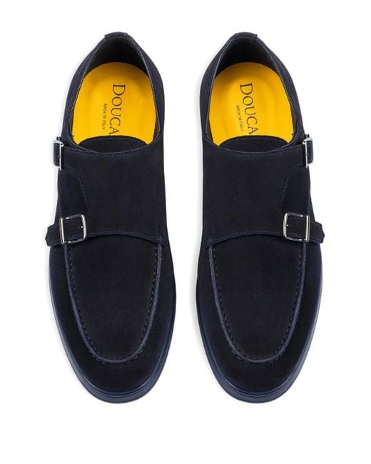 Doucal's Blue Suede Double-Buckle Monk Shoes for men