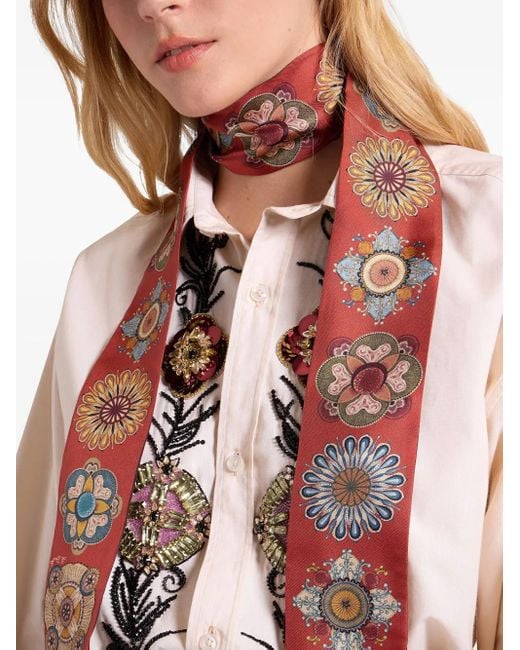 LaDoubleJ Red Floral-Pattern Fringed Scarf