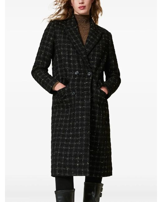 Twinset Black Check Pattern Bouclé Coat