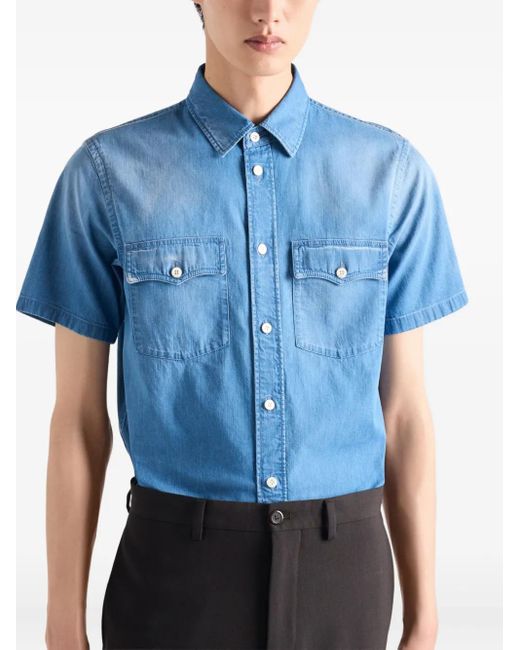 Prada Blue Short-Sleeved Light Denim Shirt for men