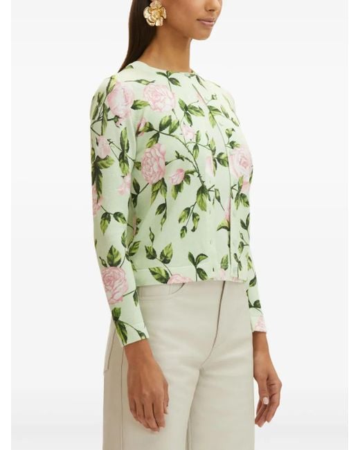 Oscar de la Renta Green English Rose Print Cardigan